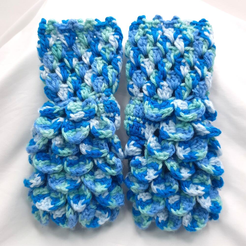 Crochet Fingerless Gloves Dragon Scale Handmade Blue Mermaid Texting Crocodile